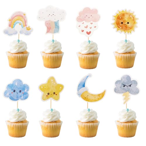 Arthsdite Cupcake-Aufsätze, Motiv: Wetter, niedlich, Emoij, Wolke, Regenbogen, Sonne, Mond, Stern, Cupcake-Picks, Wetter-Kuchendekoration, 24 Stück von Arthsdite