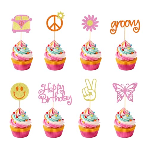 Arthsdite Cupcake-Aufsätze für Hippie-Party, Happy Birthday, Glitzer, 60er-Jahre, Retro, Boho, Dasiy, Blume, Sonne, Frieden, Hand, zwei groovige Cupcake-Picks für Hippie-Retro-Thema, Geburtstagsparty, von Arthsdite