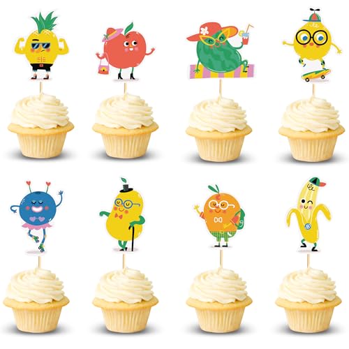 Arthsdite Cupcake-Topper mit anthropomorphem Fruchtthema, Kawaii, Wassermelone, Apfel, Banane, Zitrone, Ananas, Erdbeere, Cupcake-Picks für Kinder, Babyparty, Sommerdekoration, 24 Stück von Arthsdite