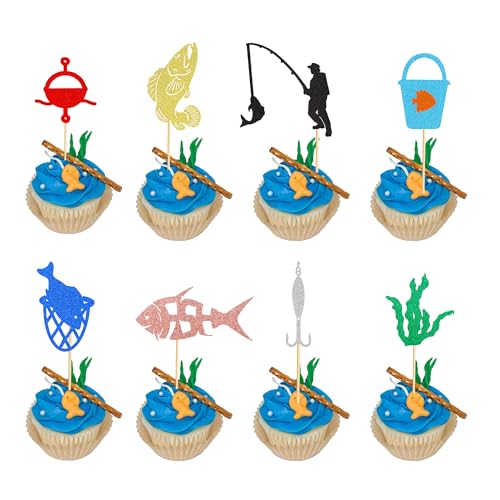 Arthsdite Cupcake-Topper zum Angeln, "Happy Birthday", bunte Kuchendekoration, Fischmann-Angelruten-Thema für Männer und Frauen, Geburtstag, Feier, Jahrestag, Partyzubehör, 24 Stück Arthsdite Cupcake-Topper zum Angeln, "Happy Birthday", bunte Kuchendekoration, Fischmann-Angelruten-Thema für Männer und Frauen, Geburtstag, Feier, Jahrestag, Partyzubehör, 24 Stück von Arthsdite