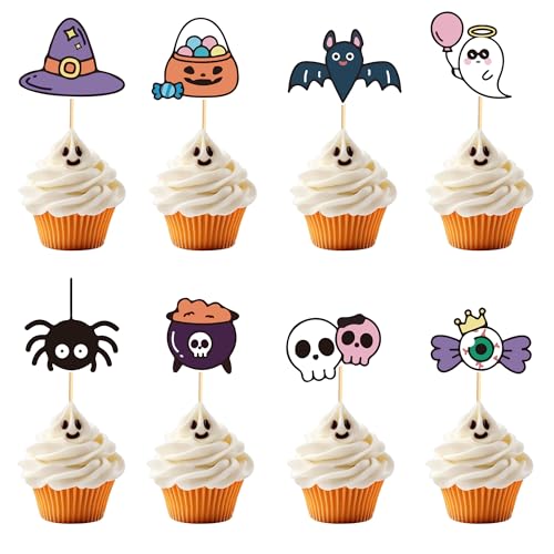 Arthsdite Halloween-Cupcake-Topper, Fledermaus, kleiner Boo Spinne, Cupcake-Picks, Hexenhut, gruseliger Geist, Süßigkeiten, Skelett, Kuchendekorationen für Halloween, Motto, Kindergeburtstag von Arthsdite