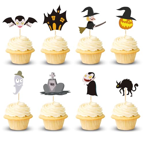 Arthsdite Halloween-Cupcake-Topper, Hexe, Fledermaus, Kürbis, Geist, Katze, Cupcake-Picks, Rip Castle, Little Boo Babyparty, Geburtstag, Halloween, Motto-Party, Kuchendekorationen, Zubehör, 24 Stück von Arthsdite