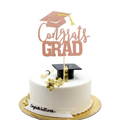 Arthsdite Tortenaufsatz mit Aufschrift "Congrats Grad", Klasse 2025, Themen-Abschlussparty-Dekorationen für Universität, College, High School, Feier, Partyzubehör, Roségold-Glitzer, 1 Stück von Arthsdite