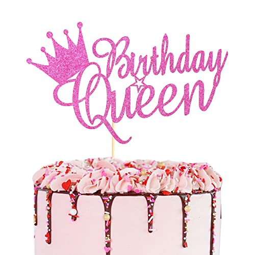 Arthsdite Tortenaufsatz mit Aufschrift "Queen Birthday", Wimpelkette, Party-Dekoration, Zubehör für Damen, Mädchen, Damen, rosa Glitzer von Arthsdite