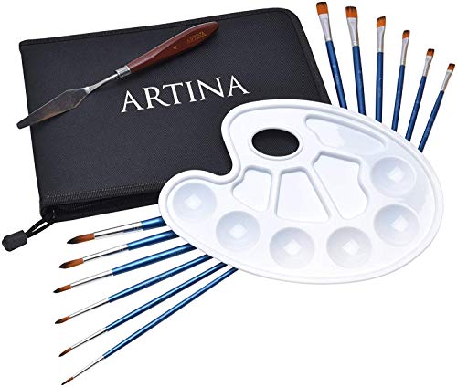 Artina 15tlg Pinsel Set Rom Pinselset für Malerei – 12 Künstler Pinsel mit hochwertigem Etui, 1x Mischpalette, 1x Spachtel Pinsel für Acryl-, Öl-, Gouache- und Aquarellfarben von Artina