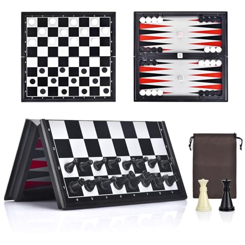 Artlyfe 3-in-1 Schachspiel Magnetisch - Hochwertiges Magnetisches Schach, Dame und Backgammon Set - Tragbares und Faltbares Schachbrett - Schachspiel für Kinder, Erwachsene von Artlyfe