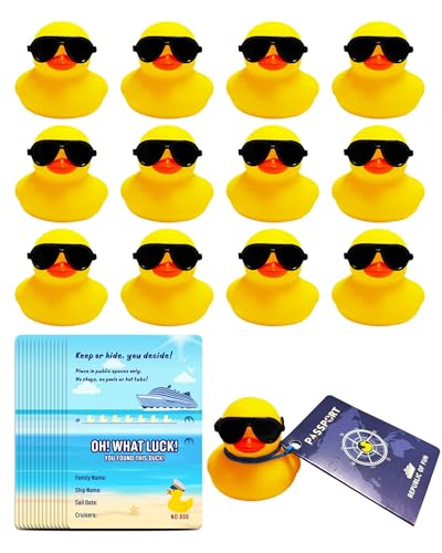 Artreeiger 12 Cruise Duck Tags Set enthält 12 Kreuzfahrt-Gummienten mit Sonnenbrille für Kreuzfahrtschiffe, 12 Cruising Duck Tag Karte, 12 Gummibänder zum Verstecken Karneval Kreuzfahrt Ducking Spiel von Artreeiger