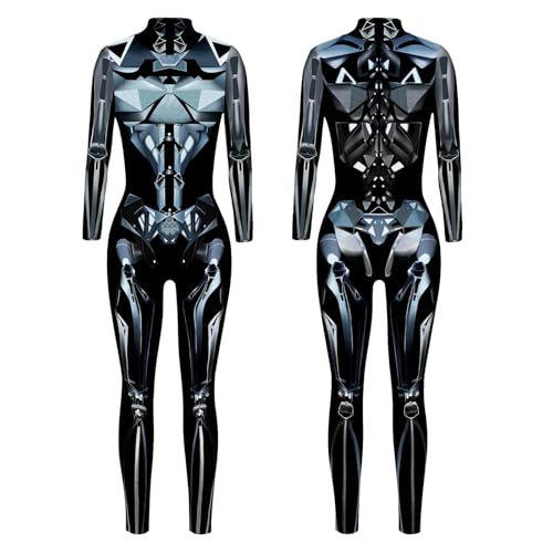 AruMinna Damen Skelett Anzug Roboter Kostüm Cosplay Kleidung Erwachsene 3D Druck Jumpsuit Frauen Bodysuit Stretch Ganzkörperanzug Karneval Kostüm Halloween Kostüm Damen (A01 Schwarz, XXL) von AruMinna