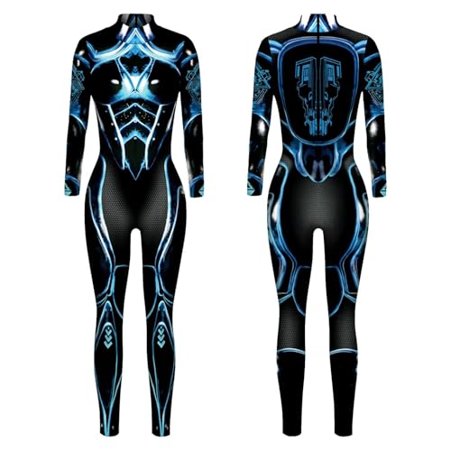 AruMinna Damen Skelett Anzug Roboter Kostüm Cosplay Kleidung Erwachsene 3D Druck Jumpsuit Frauen Bodysuit Stretch Ganzkörperanzug Karneval Kostüm Halloween Kostüm Damen (A03 Himmelblau, XXL) von AruMinna