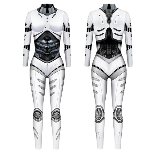 AruMinna Damen Skelett Anzug Roboter Kostüm Cosplay Kleidung Erwachsene 3D Druck Overall Frauen Bodysuit Stretch Ganzkörperanzug Karneval Kostüm Halloween Kostüm Damen (A02 Hellgrau, L) von AruMinna
