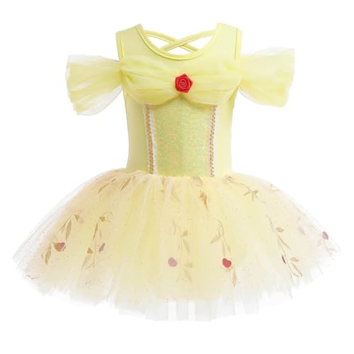 AruMinna Kleinkind Mädchen Prinzessin Ballerina Tutu Kleid Rapunzel Sofia Schneewittchen Frozen Elsa Verkleidung Karneval Halloween Kostüm (Belle 002, 4-5 Jahre) von AruMinna