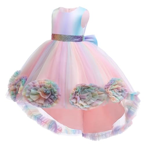 AruMinna Pailletten Prinzessin Einhorn Kostüme für Mädchen Halloween Cosplay Weihnachten Party Hochzeit Geburtstag High Low Tüll Kleid (002 Rosa, 6-7 Jahre) von AruMinna