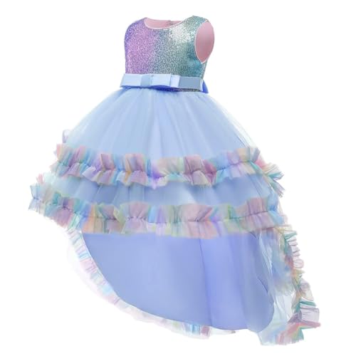 AruMinna Pailletten Prinzessin Einhorn Kostüme für Mädchen Halloween Cosplay Weihnachten Party Hochzeit Geburtstag High Low Tüll Kleid (004 Blau, 8-9 Jahre) von AruMinna
