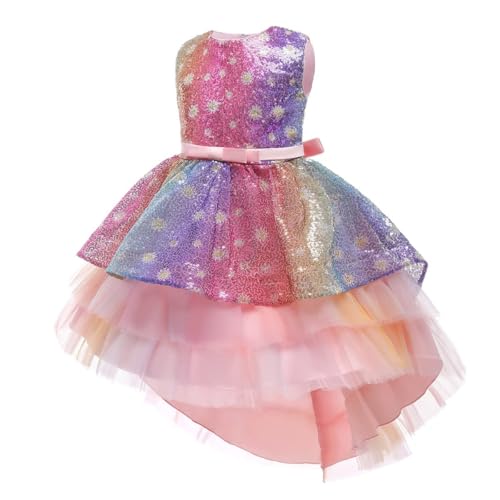 AruMinna Pailletten Prinzessin Einhorn Kostüme für Mädchen Halloween Cosplay Weihnachten Party Hochzeit Geburtstag High Low Tüll Kleid (Mehrfarbig, 9-10 Jahre) von AruMinna