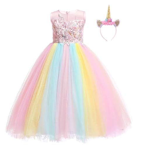 AruMinna Prinzessin Regenbogen Einhorn Langes Tüllkleid mit Stirnband Mädchen Geburtstag Weihnachten Party Ballkleid Halloween Kostüm (Regenbogen 002, 11-12 Jahre) von AruMinna