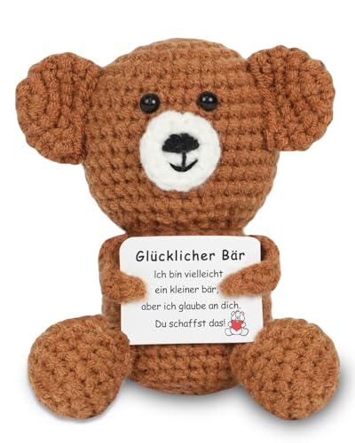 Aruigu Glücksbringer Bär Pocket Hug Geschenk, Kreative gestrickte Bärenpuppe aus Wolle, Lustige Mutmacher Kinder Geschenk, Gute Besserung Geschenk, Einschulung Geschenk von Aruigu