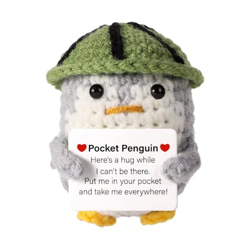 Aruigu Glücksbringer Bär Pocket Hug Geschenk, Kreative gestrickte Bärenpuppe aus Wolle, Lustige Mutmacher Kinder Geschenk, Gute Besserung Geschenk, Einschulung Geschenk (Grauer Pinguin) von Aruigu