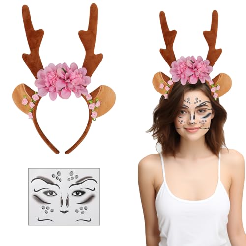 Aruigu Karneval Kostüm Damen Mädchen, Haarreif Reh Geweih Hörner Rehohren mit Blumen + Reh Gesichtstattoo, Damen Kinder Reh kostüm Kopfschmuck Haarreifen Fasching Mottoparty Halloween Kostüm Aruigu Karneval Kostüm Damen Mädchen, Haarreif Reh Geweih Hörner Rehohren mit Blumen + Reh Gesichtstattoo, Damen Kinder Reh kostüm Kopfschmuck Haarreifen Fasching Mottoparty Halloween Kostüm von Aruigu