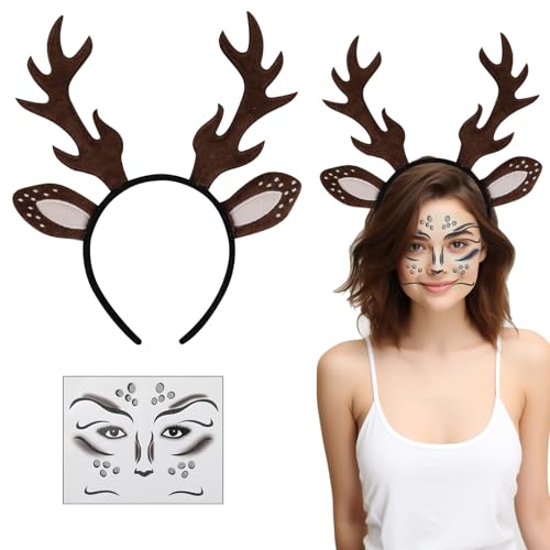 Aruigu Karneval Kostüm Damen Mädchen, Haarreif Reh Geweih Hörner Rehohren mit Blumen + Reh Gesichtstattoo, Damen Kinder Reh kostüm Kopfschmuck Haarreifen Fasching Mottoparty Halloween Kostüm Aruigu Karneval Kostüm Damen Mädchen, Haarreif Reh Geweih Hörner Rehohren mit Blumen + Reh Gesichtstattoo, Damen Kinder Reh kostüm Kopfschmuck Haarreifen Fasching Mottoparty Halloween Kostüm von Aruigu