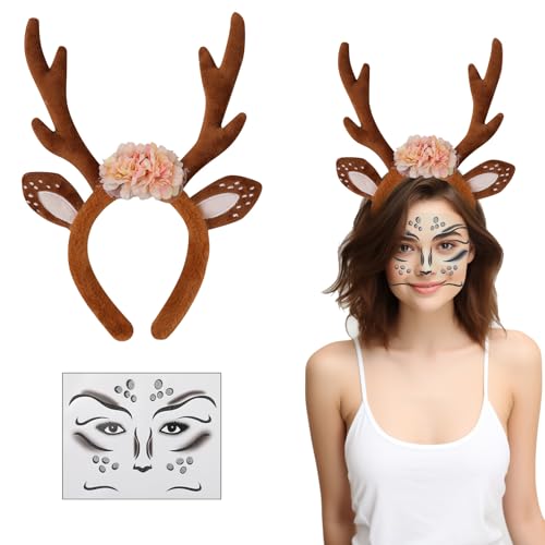 Aruigu Karneval Kostüm Damen Mädchen, Haarreif Reh Geweih Hörner Rehohren mit Blumen + Reh Gesichtstattoo, Damen Kinder Reh kostüm Kopfschmuck Haarreifen Halloween Kostüm (Geweih A) von Aruigu
