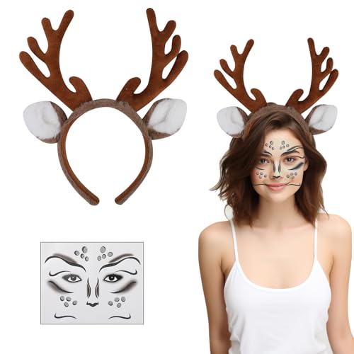 Aruigu Karneval Kostüm Damen Mädchen, Haarreif Reh Geweih Hörner Rehohren mit Blumen + Reh Gesichtstattoo, Damen Kinder Reh kostüm Kopfschmuck Haarreifen Halloween Kostüm (Lange Reh Geweih) von Aruigu