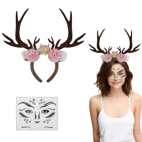 Aruigu Karneval Kostüm Damen Mädchen, Haarreif Reh Geweih Hörner Rehohren mit Blumen + Reh Gesichtstattoo, Damen Kinder Reh kostüm Kopfschmuck Haarreifen Halloween Kostüm (Reh Haarreif mit 4 Blumen) Aruigu Karneval Kostüm Damen Mädchen, Haarreif Reh Geweih Hörner Rehohren mit Blumen + Reh Gesichtstattoo, Damen Kinder Reh kostüm Kopfschmuck Haarreifen Halloween Kostüm (Reh Haarreif mit 4 Blumen) von Aruigu
