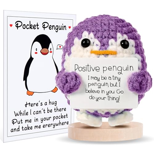 Aruigu Pocket Hug Positiver Pinguin, Kreative Strickwolle Kartoffel Puppe, Mutmacher Geschenk, Gute Besserung, Einschulung, Glücksbringer (Lila) von Aruigu
