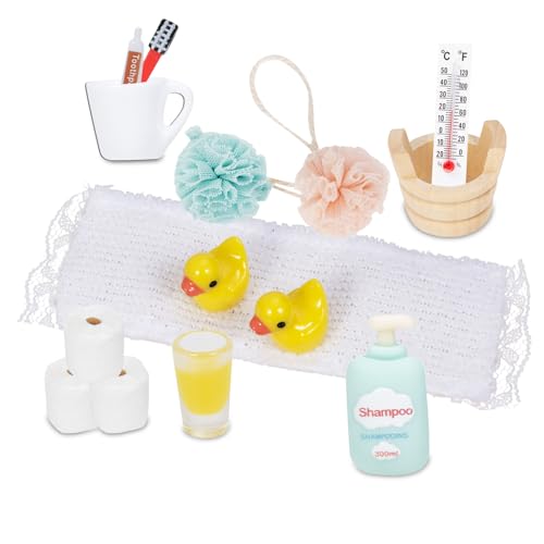 Aruigu 51 Stücke Miniatur Essen und Trinken, Miniatur Deko Harz Puppenhaus Zubehör Miniatur Lebensmittel Set, Mini Küche Kleine Puppenzubehör Für Einzigartiges Geldgeschenk (15pcs Wichtelzubehör Bade) von Aruigu