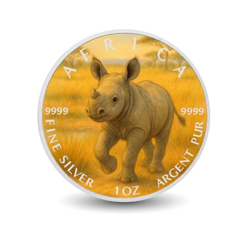 Savanna Sprint - Playful Rhino Calf of Africa 1oz 9999 Silver Coloured Coin Savanna Sprint - Playful Rhino Calf of Africa 1oz 9999 Silver Coloured Coin von Arverni Mint