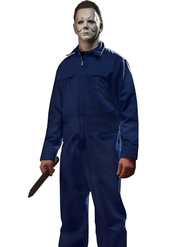 Arvilhill Herren Halloween Myers Kostüm Erwachsene Blau Overall Messer Set Lustige Overalls Nacht Party Klassisch Gruselige Cosplay Taschen Requisiten Maskerade Film Horror Killer Outfits S von Arvilhill