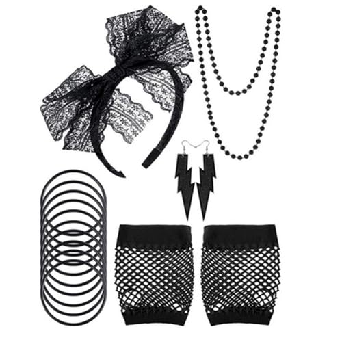 Ascitndy 80er-Jahre-Kostümzubehör für Damen, Set mit Spitzenstirnband, Ohrringen, Netzhandschuhen, Halskette, Armband Ascitndy 80er-Jahre-Kostümzubehör für Damen, Set mit Spitzenstirnband, Ohrringen, Netzhandschuhen, Halskette, Armband von Ascitndy