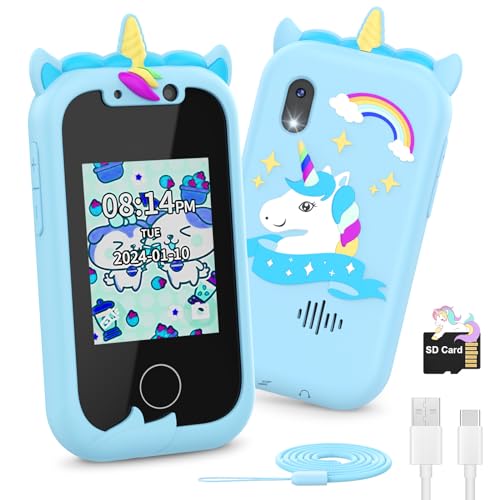 Ashfly 2.4“ Einhorn Kinder Kamera, 1080P HD Dual Kamera Kinder Handy Spielzeug aufnehmbar Video, Kids Smartphone Spielzeug mit SD Karte, Pretend Smartphone für 3-10 Jahre Mädchen Jungen von Ashfly