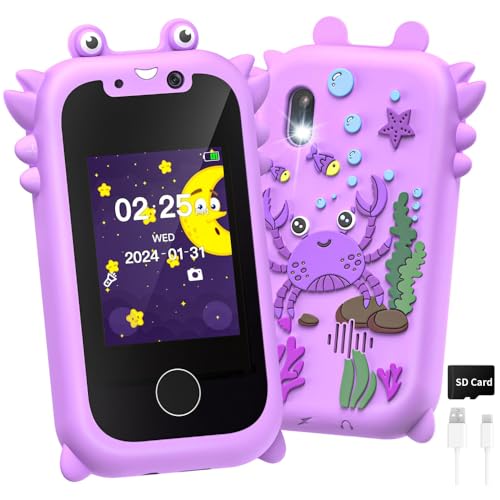 Ashfly Kinder Handy, 2,4“ Kinder Smartphone Touchscreen Telefon Spielzeug Handy mit 1080 HD Dual-Kamera, SD-Karte,13 Spiele, Einhörner Geschenke Spielzeug für Kids von 3 4 5 6 7 8 9 10 Jahren, Lila von Ashfly
