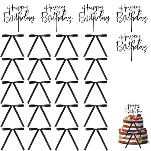 Torten Deko Kuchendeko Schwarze Schleifen 20 Schleifen mit langen Bändern und 5 Happy Birthday-Schildern,Kreative Kombination,Geeignet für Geburtstage,Valentinstag,Hochzeiten von Asitanie