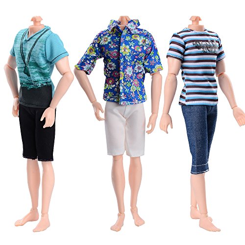 Asiv Modische 3 Kurze Ärmel und 3 Hosen Freizeitkleidung für Ken Barbie Puppen, Geburtstag Party Geschenk von Asiv