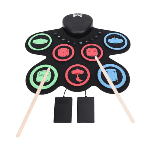 Asixxsix 7 Pads Elektronisches Trommelset, Aufladbares Roll Up Drum Pad mit Low Frequency Lautsprecher, Silikon Praxis Drum Pad Kit mit Drumsticks & Doppelpedal für Kinder Anfänger von Asixxsix