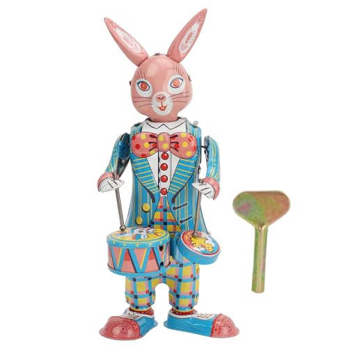 Asixxsix Kaninchen-Uhrwerk-Spielzeug, Weißblech-Retro-Kaninchen-Aufziehspielzeug, Schwingendes Trommeln, Neuartiges Metall-Kaninchenspielzeug für die Geschenksammlung, Desktop-Dekoration von Asixxsix