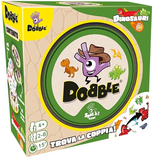 Asmodee Dobble Dinosaurier, Eco-Sleeve, lustiges Brettspiel für die ganze Familie, 2-8 Spieler, 6+ Jahre, italienische Ausgabe von Asmodee