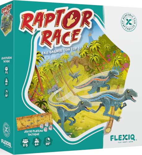 Asmodee - Raptor Race – FlexiQ – Gesellschaftsspiele – Taktisches Rennspiel – Kinderspiel 6 Jahre – 2 bis 5 Spieler – 20 Minuten – Dinosaurier-Figuren – Doppelseitige Platte – französische Version von Asmodee
