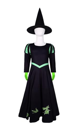 Asnoxuzi Kinder Ginda Kostüm Mädchen Ginda Rosa Kleid Kinder Elphaba Kostüm Mädchen Elphaba Cosplay Kostüm mit Zubehör (Black-1, 140cm) von Asnoxuzi