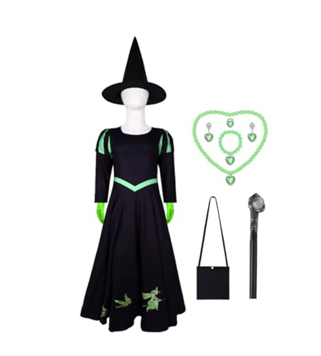 Asnoxuzi Kinder Ginda Kostüm Mädchen Ginda Rosa Kleid Kinder Elphaba Kostüm Mädchen Elphaba Cosplay Kostüm mit Zubehör (Black-2, 130cm) von Asnoxuzi