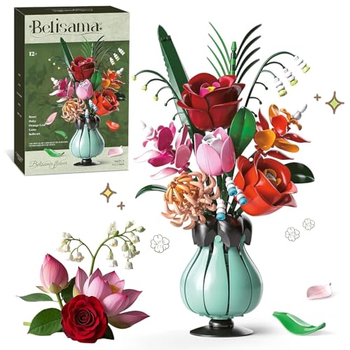 Astrevo Blumenstrauß Klemmbausteine Mit Vase, 566 Stück Blumenstrauß Bausatz, Botanische Sammlung für Home Office Decor, Rose Blumen Set Geschenks Spielzeug für Valentinstag Geburtstage Muttertag von Astrevo