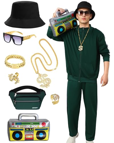 Asuaxy 80er-/90er-Jahre Outfit für Herren und Damen, Motto-Party-Outfits, Halloween-Kostüme für Herren, Trainingsanzüge, Set, Retro-Windbreaker, Jogginghose, Hip-Hop-Kostüm (Grün, M) von Asuaxy
