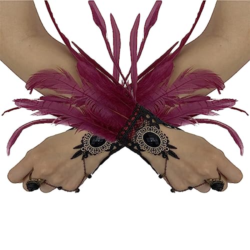 Asudaro 1Paar Damen Kostüme Manschetten Natürlichen Federn Handgelenk Gothic Feder Manschetten Federschmuck Knöchelmanschette Haar-Accessoire für Game Party Halloween Kostüm Rollenspiel Party Rotwein von Asudaro