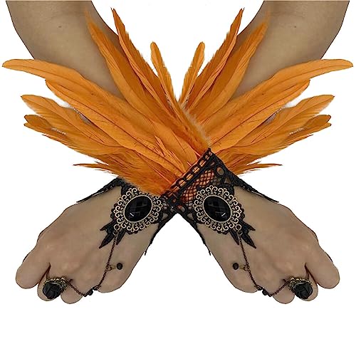 Asudaro 1Paar Damen Kostüme Manschetten Natürlichen Federn Handgelenk Gothic Feder Manschetten Federschmuck Knöchelmanschette Haar-Accessoire für Game Party Halloween Kostüm Rollenspiel Party Orange von Asudaro