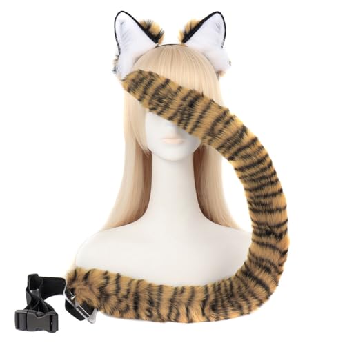 Asudaro Cosplay Flauschiger Ohren und Schwanz, Kunstpelz Plüsch Anime Tier Wolf Ohren Kopfschmuck Schwanz Set für Halloween Festival Weihnachten Tiger Cosplay Kostüm Zubehör Typ 6 von Asudaro