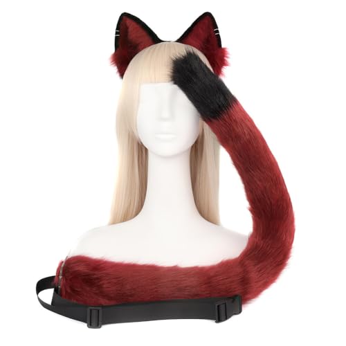 Asudaro Fuchs Ohren und Schwanz Set, Wolf Katze Fuchs Schwanz Ohren Stirnband Set Cosplay Pelziges Haar Hoop Kostüm Zubehör Tier Halloween Xmas Party Festival Kopfbedeckung Rötliches Schwarz von Asudaro