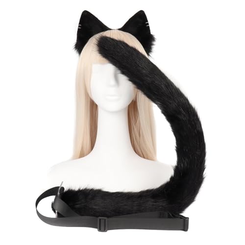 Asudaro Fuchs Ohren und Schwanz Set, Wolf Katze Fuchs Schwanz Ohren Stirnband Set Cosplay Pelziges Haar Hoop Kostüm Zubehör Tier Halloween Xmas Party Festival Kopfbedeckung Schwarz von Asudaro