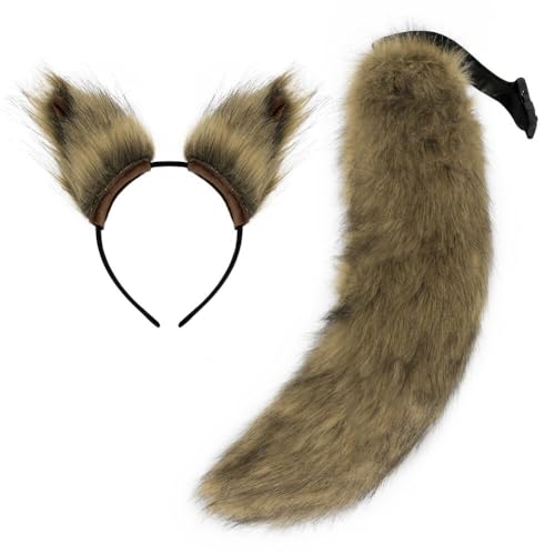 Asudaro Kunstpelz Fuchs Wolf Kostüm Katze Schwanz, Kunstpelz Katzenohren Pelz Wolf Fuchs Langer Schwanz Tier Cosplay Set Cosplay Kostüm Kunsthaar Clip Kopfschmuck Plüsch Set Blassgelb von Asudaro