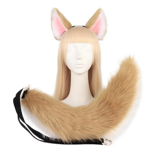 Asudaro Tier Wolf Kostüm Set, Wolf Ohren und Schwanz Kostüm Set Kunstfell Wolf Fuchs Ohren Stirnband und pelziges Tier langer Schwanz Halloween Party Anime Lolita Maskerade Cosplay Kostüm Typ 3 von Asudaro